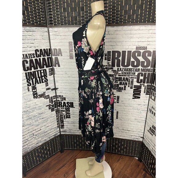 Chelsea Studio 1X Black Floral Print Keyhole Neck Tie Belt Hanky Hem Dress - Picture 3 of 6
